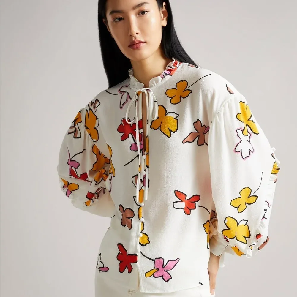 Ted Baker London Thurso Floral Print Stretch Woven Balloon Sleeve Blouse Size 4 - Picture 1 of 15
